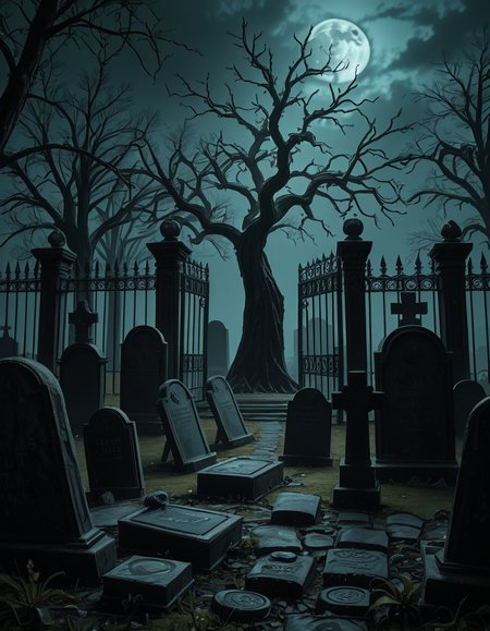 A dark and eerie cemetery shrouded in mist, with ancient, weathered tombstones covered in moss. The scene is dimly lit by a pale, ghostly moonlight filtering through twisted, leafless trees. Cracked stone pathways lead through the graveyard, partially hidden by overgrown grass and creeping ivy. A few old, gothic-style mausoleums stand in the background, their iron gates slightly ajar, adding to the mysterious and haunting atmosphere. Wisps of fog swirl around the gravestones, enhancing the eerie mood. The overall color palette consists of deep blues, grays, and muted greens, creating a cold and unsettling ambiance. The image is highly detailed and photorealistic, capturing the textures of the aged stone, the fogâs movement, and the ominous shadows stretching across the ground. 
<lora:SDXLFaeTastic2400:0.4> <lora:extremely_detailed:0.4> extremely detailed,<lora:33r13_c3m3t3ry-ill:1>,33r13 c3m3t3ry, Masterpiece,best quality,hi res,8k,hi res,8k,award winning,(sharp focus, intricate, highly detailed),
