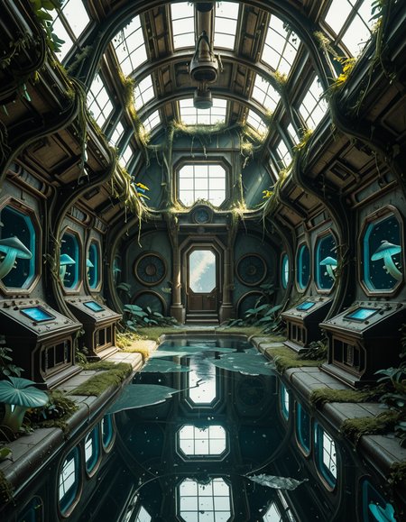 The interior of an ancient abandoned spaceship, overtaken by lush vegetation. The walls and ceiling are covered in thick, twisting vines and moss. Strange alien plants glow faintly in shades of blue and green, casting an eerie, mystical light across the metallic surfaces. Rusted control panels and shattered glass windows hint at a long-forgotten past. The floor is cracked and partially flooded with still, reflective water. Patches of bioluminescent fungi cling to the corners, adding a surreal atmosphere. The air feels heavy with moisture, and beams of soft, diffused light filter through holes in the hull, creating dramatic shafts of light and shadow. The overall style is hyper-realistic, rich in textures, with a cinematic and slightly melancholic mood.<lora:SDXLFaeTastic2400:0.4> <lora:extremely_detailed:0.4> extremely detailed,ancient abandoned sp4c3sh1p, <lora:ancient_abandoned_sp4c3sh1p-i:1>, Masterpiece,best quality,hi res,8k,hi res,8k,award winning,(sharp focus, intricate, highly detailed),