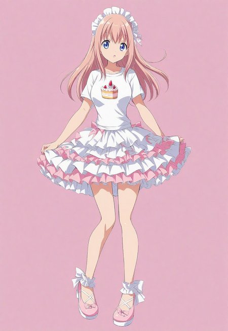 ((fullbody)) (anime) 1girl, shirt, t-shirt, simple shirt, cake skirt, cake_skirt, ruffled skirt, tiered skirt, frilled skirt, layered skirt, frilly skirt, ruffles, frills