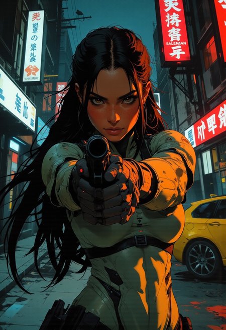 magnificent, closeup portrait, female bounty hunter, braided black hair, futuristic armor, battlesuit, mechanical armor, sleek armor, sexy, curvy, large breasts, large ass, aiming an assault rifle, assault rifle, aiming rifle, holstered pistol, Cyberpunk City, Neon Lights, foreshortening,
solo, 
Cowboy Shot, close up, from above,
