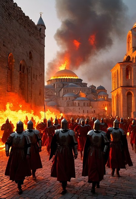 A dramatic scene depicting the fall of Constantinople, blending Byzantine and Crusader influences. The city’s iconic walls are crumbling as Ottoman forces, led by soldiers wearing dark, menacing armor, storm through the breaches. In the foreground, a group of Crusader knights, clad in white tunics with red crosses, valiantly defend the city, fighting fiercely against overwhelming odds. The Byzantine flag flutters in the wind, stained with blood. In the background, the majestic Hagia Sophia stands under a fiery sky, smoke rising from burning buildings. Ottoman cannons fire from the distance, while Greek soldiers retreat towards the inner city. The color palette is dark and fiery, with shades of red, orange, and black, conveying the chaos and desperation of the final moments of the Byzantine Empire.
, moody light, by H.R Giger, 4k resolution digital art trending on Artstation and unreal engine 5, hyperrealism, full body shot, glowing eyes, cinematic, epic, masterpiece, surreal, fantasycore, hyperdetailed, ultra realistic, octane render, volumetric lighting, depth of field, bokeh, 8 <lora:Details:0.85>