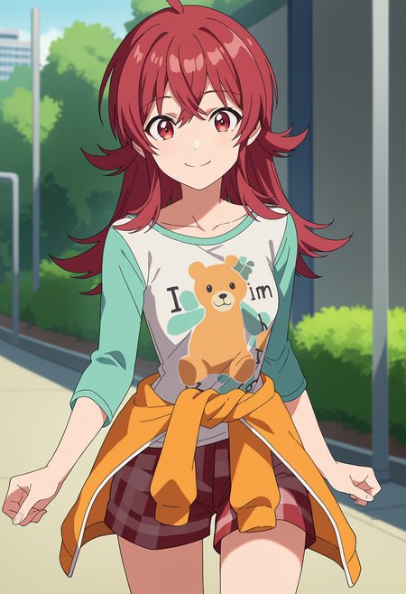 score_9, score_8_up, score_7_up, source_anime,
BREAK
1girl, solo, anime screencap, anime coloring, 
<lora:shiKomiyaKahoV1:1.0>,
shikomiyaprocasual, long hair, red hair, red eyes, hair between eyes, ahoge, 
medium breasts, collarbone, 
print shirt, bear print, raglan sleeves, long sleeves, 
orange shirt, shirt around waist, 
plaid, red shorts, 
looking at viewer, smile,
