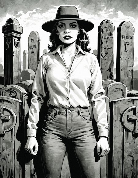 score_9, score_8_up, score_7_up,cms style,monochrome,colored background,1girl,fedora,poncho,jeans,cemetery,front view