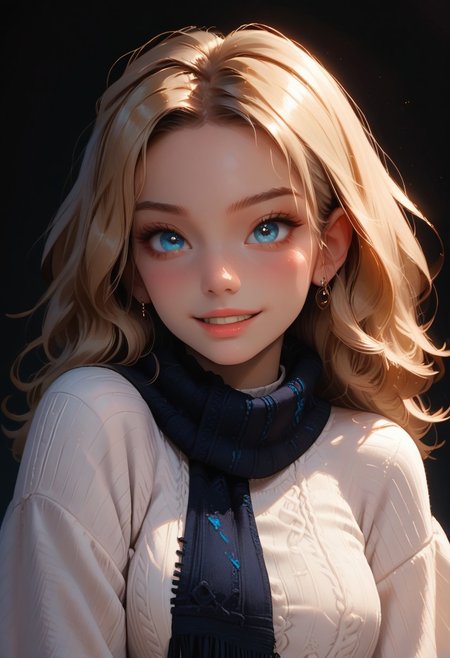score_9, score_8_up, score_7_up, score_6_up, 
1girl, 18yr old Alice in wonderland, perfect face, cute, petite,
Blue eyes, 
Blonde long hair, ringlets, blue glowing scarf, 
white sweater, long sweater, long sleeves,
Blue layered skirt, 
white thighhighs, 
Close up, smiling
night, dark
