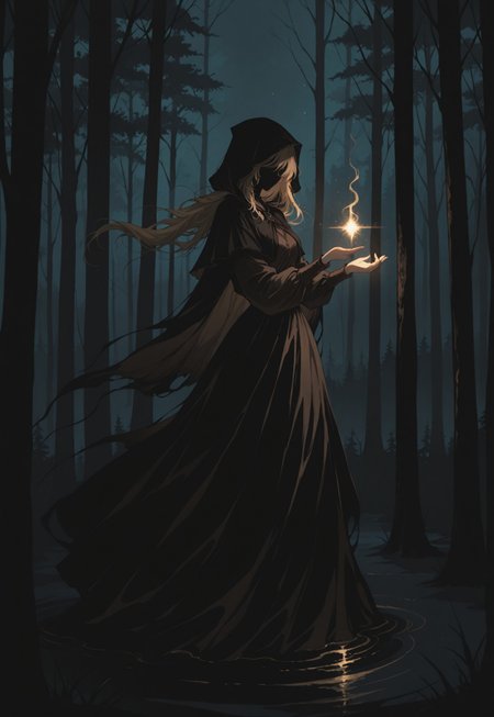 solo, ethereal, ultra-detailed, cinematic lighting, halfturned, particles, mesmerizing, fullbody, 

(yellow particles:1.2), 

forest, night, dark, glow, 
horror, 

no face, shadowed face, 
floating, from side, turned to viewer, 

1girl, blonde long loose hair, disheveled, black hood, hood on, black mantle, dark coffee brown blouse, black skirt, fully covered, 

masterpiece,best quality,amazing quality, detailed, 
