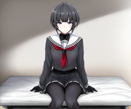 masterpiece, best quality, amazing quality, sfw, 1girl, solo, looking at viewer, shirayuki chiyo, white sailor collar, black shirt,  long sleeves, pleated skirt, sitting on object, 
 <lora:Poshi style ILL-v2:1> poshi_style