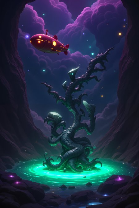 a fantastical, otherworldly landscape. The scene is set in a dark, cavernous environment with a deep, rich color palette dominated by purples, greens, and blues. In the foreground, a large, stone-like creature with a greenish hue and a snakelike form is partially submerged in a shallow pool of turquoise water. The creature's body is segmented and adorned with glowing, bioluminescent orbs, giving it a mystical appearance. To the left, a red submarine with a detailed, textured exterior and a round, eye-like window on its side hovers above the water. The submarine has a whimsical, almost cartoonish quality, contrasting with the more organic, fantastical elements of the scene. The background is a chaotic mix of swirling clouds, some tinged with pink and purple, and a dark, rocky terrain. The clouds are illuminated by faint, glowing orbs, adding a mystical, dreamlike quality to the scene. The overall composition is dynamic, with the submarine and the creature interacting in a surreal, almost magical setting.<lora:aidmaImageUpgrader-FLUX-V0.2:0.5><lora:PinkieFluxProUltraFantasia><lora:FluxDFaeTasticDetails:0.7>