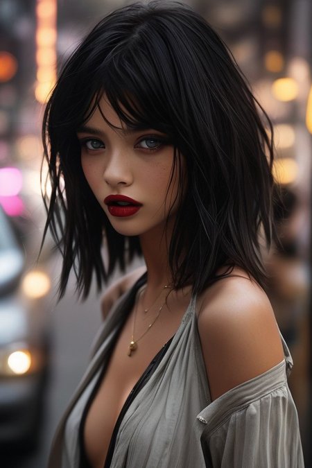 1girl, bellissima, blurry, big round breasts, dress, eyelashes, from side, jeans, leather, glossy lips, long hair, looking at viewer, mole, necklace, parted lips, realistic, short hair, solo, wearing an open shirt, seductive look,half body shot,by Ellen von Unwerth