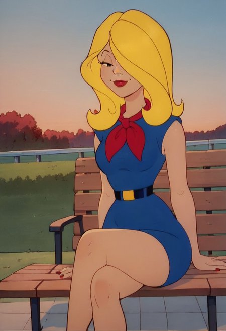 score_9, score_8_up, score_7_up, rating_safe, 1980s (style), retro artstyle
FA_Cindy_Collins, 1girl, blonde hair, long hair, hair over one eye, lipstick, red lips, blue dress, red neckerchief,
breasts, bare thighs, bare legs, smug, sitting, crossed legs, outdoors, 1girl, bench, trees, sky, clouds, sun, looking at viewer, day, forest, cowboy shot, upper body focus, (Dutch angle:1.4)
