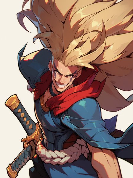 score_9, score_8_up, score_7_up, 1boy, japanese armor, katana, big hat, facial tattoo, evil smile, long hair, looking at viewer, cowboy shot, dynamic pose, smile, wide shot, solo, portrait, 
 <lora:2XKO_style:1>, 2XKO, wide shot,