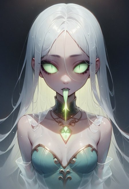 score_9, score_8_up, score_7_up, score_6_up, score_5_up, score_4_up, source_anime 
1girl, 18 year old korean girl with very long white hair, empty eye sockets, green glowing eyes,small breasts, wet hair, wet skin, cleavage, white hair, ghostly girl, ais-ghostly, ghostly background, ghost girl, ghost, 1 girl, pale skin, closeup of face and chest, wearing glowing emerald necklace, eyes glowing green, wearing green qipao, vertical slit pupils, forked tongue, snake ghosts