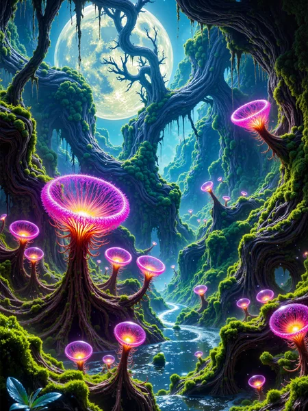 ultra-high-resolution, 8k, 4k, professional nature photography, national geographic style, nat geo, science fiction ecosystem, fractal geometry, a haunting alien swamp stretches under an otherworldly sky, the foreground features a radiant carnivorous plant with curling fronds that bristle with luminous, dew-tipped tendrils, each filament refracts the ambient light like micro-prisms, creating shimmering halos in the mist, the plant is nestled in a shallow pool of viscous, translucent liquid, surrounded by sponge-like soil covered in creeping mosses of electric blue and soft coral-pink, the plants trap-like structure unfurls in concentric spirals, its interior lined with twitching sensory filaments and sticky bulbs that pulse with faint internal light, several small alien insects winged, translucent, and bioluminescent hover hesitantly nearby, while others hang limp in the traps grasp, their iridescent wings tangled in the mucosal strands, to the left, a towering stalk-like predator plant rises from the mist, with pulsating vents and a membranous crest that flexes with a slow, rhythmic motion, further back, bulbous pitcher-like organisms breathe in puffs of glowing mist from the marsh surface, and strange fungi pulse with a faint pink glow across the twisted roots of sunken trees, their reflections warped by the murky waters, the background recedes into a surreal, twilight-hued wetland filled with gnarled, root-laced trees partially submerged in the peat-colored waters, above the trees, an alien moon with jagged craters hangs low behind strands of drifting galactic cloud, partially lighting the scene with a cool silvery glow that contrasts with the soft golden tones of bioluminescence rising from the terrain, camera angle is medium-wide, focused primarily on the carnivorous plant in the foreground but capturing enough depth and detail to convey the richness of the swamp ecosystem, with a cinematic balance between natural science framing and artistic composition, lighting is a mix of ambient celestial glow and environmental bioluminescence, creating soft diffused highlights, subtle color bleeding, and rich contrasts in texture, moisture, and transparency, captured with high-resolution digital sensor using naturalistic macro-zoom lens with wide aperture, no artificial staging, image appears authentic and organic, like a still frame from a field biology expedition on an exoplanet, ovg, alienplants, artilands02, bo-bioluminescent, bioluminescent, james webb space telescope, cosmology, spiral galaxy, galaxy, nircam, cosmic cliffs, carina nebula, star birth, rho ophiuchi, orion nebula, ngc 1672, ngc 3627, ngc 3351, ngc 1566, ngc 4254, ngc 3132, ngc 4303, ngc 5068, <lora:james_webb_space_telescope-flux-by_motimalu:0.48> <lora:style-bioluminescent_dreams-flux-by_bo4rsworld:0.44> <lora:alien_plants-flux-by_chronoknight:0.64> <lora:style-fantastic_landscapes-v2-flux-by_artifyai:0.64>