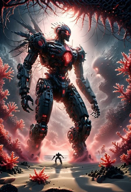 masterpiece, one-person solo, Dark-Fantasy-page Jed-rbt, robot made-out-of-coral, (dark:1.1) outdoors beach (shadows) (dark-atmosphere) ominous eerie