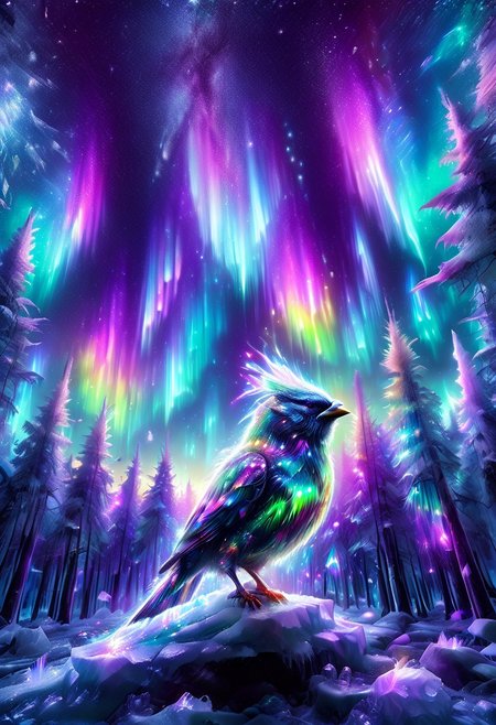 lazympos, morph-aurora, A platinum-tier sparrow with bioluminescent fur prowls through an aurora-lit crystal forest, prismatic light shards refract through ice formations, glowing celestial patterns dance across its obsidian collar, hyper-detailed fur texture with rainbow iridescence, 8k resolution.