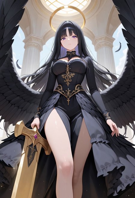1girl angel, golden halo, long black hair, wispy bangs, purple eyes, black feather wings, frilled armour dress, giant sword, magical, fantasy,
masterpiece, best quality, amazing quality, very aesthetic, absurdres,  newest,