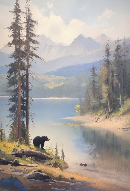 masterpiece, impressionism, style of Edgar Degas, landscape, late afternoon, Pacific Northwest, dim light, misty mountain, mountain lake, scene of a black bear walking on the shoreline of a mountain lake, a downed tree stretches out into the lake, the view is of an inlet to the lake, a sandy shore is in the foreground, the bear walks gently along the shore, across the inlet we see steep mountains covered with mist and a late spring snow, a small waterfall cascades down from the nearest mountain, mountain pine trees are on the right side of the scene in the mid-ground, high definition, free-flowing brushstrokes, high quality, 8k, unsigned.