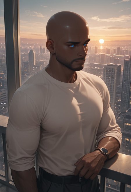 masterpiece, best quality, amazing quality, absurdres, newest, detailed background, definition so sharp, Ultra-HD, 8K cinematic, very awa, impressionate, amazing quality, highres, 
1boy, mbti_estj, muscular man, mature man, bald, dark skin, facial hair, blue eyes, watch, solo, balcony, city lights \(bokeh\), twilight, soft ambient light, overlooking cityscape, pensive, relaxed, smart casual, warm atmosphere, tranquil urban, high quality, atmospheric, aesthetic