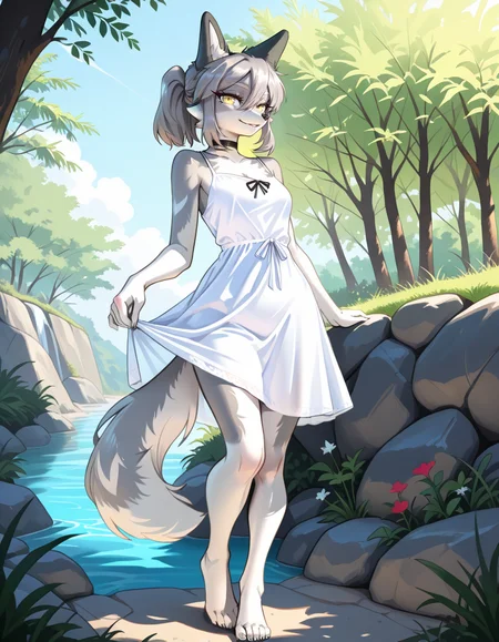 masterpiece, best quality, very aesthetic, absurdres,
outdoors, 
full body, standing, posing,
sundress, 
seductive smile, parted lips, long eyelashes,
<lora:Seraya_v01_NAIXL:1>
S3ray4,1girl,solo,furry,furry female,wolf girl,wolf ears,short hair,grey hair,ponytail,hair between eyes,long sidelocks,yellow eyes,snout,animal nose,choker,body fur,two-tone fur,grey fur,white fur,wolf tail,