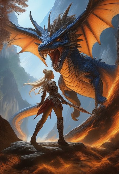 elfian princess fight against giant dragon, in beautiful forest, 8k  action shot, elfian princess in short armor, long legs,, with long spear,fighting, fantasy, gigantic dragon, bosstyle,