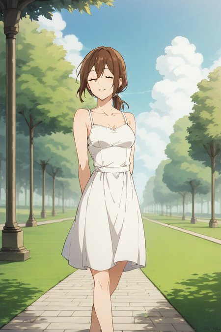score_9, score_8_up, score_7_up, source_anime, 1girl, prefect lighting, very aesthetic, intricate details, highly detailed background, masterpiece, high quality, prefect hands, solo, best quality,
<lora:Yuriko_Hori_young_V1-000007:.75>, brown hair, medium hair, hair between eyes, closed eyes, brown eyes, low ponytail, straight hair,
White sundress, bare shoulders, 
Standing, one leg up, smile, parted lips, wind, cowboy shot, dutch angle, arms behind back, from side, 
sunny, park, sidewalk, stone floor, grass, tree, cloudy sky, under shade, shade,
(Beautiful, medium Breasts:1.2), natural breasts,