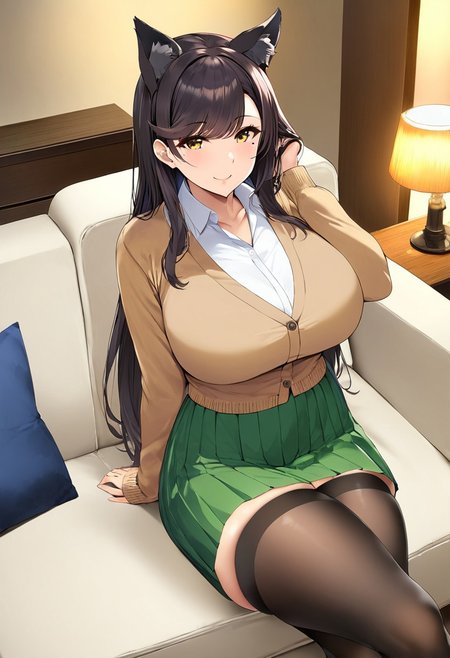 solo, 1girl, atago, azur_lane, animal_ears, black_hair, black_thighhighs, breasts, dog_ears, extra_ears, yellow_eyes, sitting, crossed_legs, adjusting_hair, smile, closed_mouth, (mature female:1.2), tall female, huge breasts, curvy, collarbone, beautiful face, highly detailed faces and eyes, shiny skin, shiny, large_breasts, long_hair, ribbon, skindentation, smile, swept_bangs, thighhighs, white_ribbon, mole_under_eye, skirt, green_skirt, (long_skirt:1.2), blouse, white_blouse, cardigan, brown_cardigan, indoors, living_room, couch, evening, lamp, feet_out_of_frame, masterpiece, best quality, very aesthetic, absurdres, score_9, score_8_up, score_7_up, score_6_up, by marushin