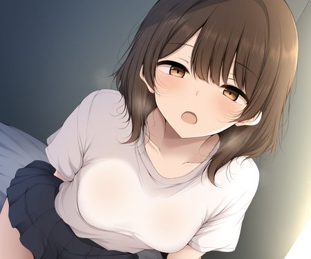 masterpiece, best quality, amazing quality,  sfw, 1girl, solo,  looking at viewer,  shirt, short sleeves, skirt,  open mouth, medium hair, bangs,  <lora:Downfallwinter style ILL-v2:1> downfallwinter_style