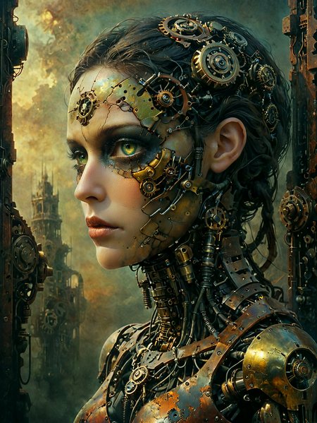 steampunk style, Professional photography. 

A mechanical person with cybernetics exposed on the side of their face.

antique, mechanical, brass and copper tones, gears, intricate, detailed.

<lora:OMG-Is-DucHaiten_v1.0:1.0>
<lora:sdxl_lora_beksinski-000018:0.4> digital artwork by Beksinski 
<lora:The_Dark_Side_of_the_Earth:0.2>
