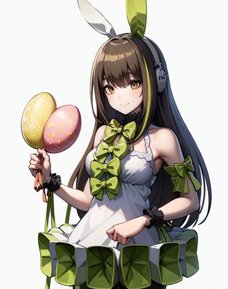 (extremely detailed CG unity 8k wallpaper),(masterpiece), (best quality), (ultra-detailed), (best illustration),(best shadow), (sharp eyeliner, eyeshadow, detailed eyes:1.1), cowboy shot,
,BREAK
(m4a1bunny:1.2), green bow, holding balloons, innocent smile
 <lora:M4A1:1>
