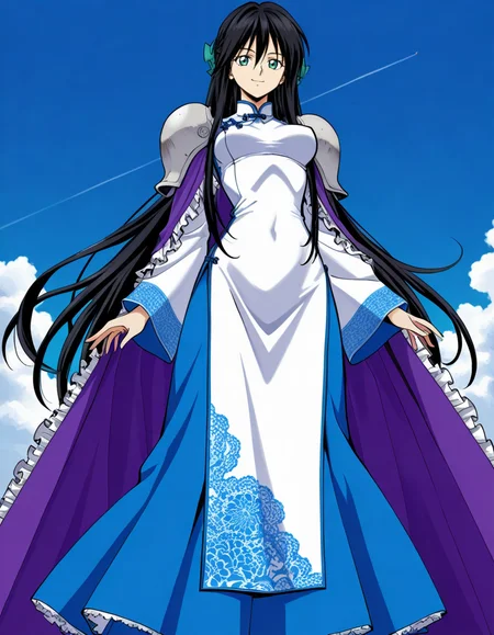 official style,Ryukichi kousyu,black hair,very long hair,green eyes,purple frilled cape,shoulder armor,wide sleeves,(white china dress:1.5),blue long skirt,from front,facing viewer,front view,front angle shot,shoot from front,straight-on,outdoors,sky,day,
explicit,soft brightness,perfect face,perfect nose, perfect hair, perfect eyes,perfect female body,perfect skin,a face of perfect proportion,perfect lighting,perfect anatomy,perfect proportion,perfect hands,perfect legs,perfect fingers,masterpiece,hair between eyes,
medium breasts,
perky breasts,best quality,very aesthetic,absurdres,16k,intricate detail,amazing quality,(bold:3.12),thick outline,black outline,harsh lines,soft lines,deluster,boldline,curvy,light smile,slim,(hat:-1),(empty eyes:-1),(emphasis lines:-1),(thighs:-1),
looking at viewer,
super fine illustration,detailed linework,vibrant colors,kawaii,flat color,
 <lora:è¤å´ç«ç_å°ç¥æ¼ç¾©ç«åå¬ä¸»illustriousFujisaki_Ryu_version_style_Houshin_Engi_Princess_Ryukichiillustrious:1:0.8>