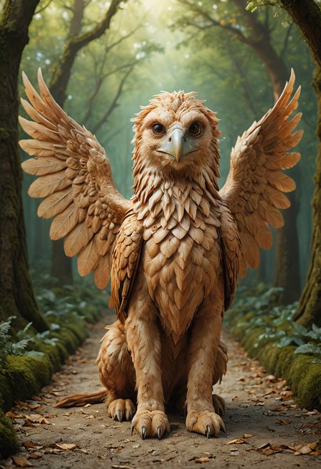 realistic photography a cute magical griffin with majestic wings in an enchanted wonderland, beautiful whimsical fantasy art concept, detailed background, glowing particles, intricate details, ultra sharp, realism, <lora:Happy_World:0.8>