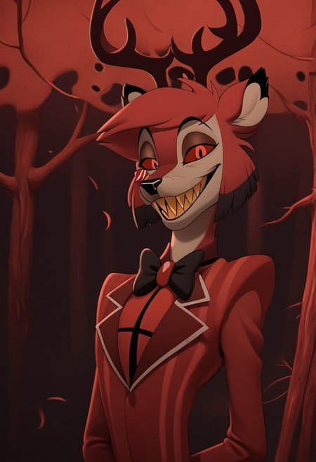 score_9, score_8_up, score_7_up, score_6_up, masterpiece, solo, ((detailed eyes, detailed face, detailed fur, 
BREAK
Great Prince of the Forest, GPotF, deer, buck, disney, antlers, red fur, beige markings, brown eyes, brown eyelids, brown eyeshadow, eyeliner, black eyebrows, anthropomorphic deer, furry, anthro deer, animal focus, alastor_hh, alastor \(hazbin hotel\), solo, red theme, 1boy, red eyes, bow, smile, looking at viewer, evil smile, grin, short hair, bowtie, horror, monocle (theme), sharp teeth, yellow teeth, laughing
<lora:add-detail-xl:1.0>