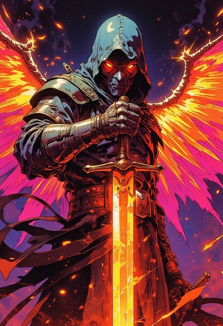 An intense close-up of a mysterious rogue warrior mid-action, clad in weathered leather armor with a flowing hood and mask concealing their face. The figure holds a glowing, fiery blade that emits radiant heat waves, illuminating their rugged gloves. Vibrant distortion effects and chromatic aberration create a surreal, glitchy atmosphere, emphasizing their supernatural energy. Fiery orange and deep magenta hues clash dramatically against a dark, smoke-filled background. The warrior's piercing, glowing eyes lock onto the viewer, exuding a sense of fierce determination and otherworldly menace. Motion blur adds a sense of rapid movement to the wings-like fabric swirling behind them.