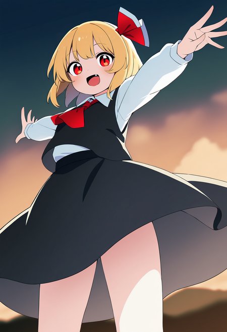 masterpiece, best quality,,detailed_background,outdoors,black skirt,rumia,highres,vest,ribbon,red ribbon,cowboy shot,outstretched arms,short hair,shirt,skirt,collared shirt,red ascot,blonde hair,smile,looking at viewer,standing,white shirt,blush,black vest,red eyes,ascot,skirt set,hair ribbon,satsuki koyomi,touhou,fang,:d,1girl,spread arms,absurdres,solo,open mouth,long sleeves