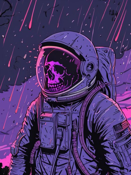 masterpiece,high resolution,<lora:retro-neon-xl-style:1>,
retro_neon, rain, solo, sky,dark  astronaut suit, upper body, male focus, skull,