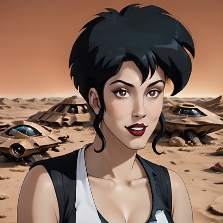 SCORE_9, SCORE_8_UP, SOURCE_FURRY, REALISTIC, SOLO, 1 FEMALE, BREAK, KERRIE STRAIN, BLACK HAIR, BROWN EYES, LIPSTICK, TORN DRESS, SUBTLE SMILE, PORTRAIT, FULL BODY, SEXUALLY SUGGESTIVE, BREAK, SCI FI, DESERT, OUTER SPACE, HIGH RESOLUTION, VIVID TEXTURES, DETAILED PUPILS