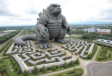 an enormous example of a novelty architecture building in the shape of a obese Godzilla with Down syndrome navigating a maze that rearranges itself.  No deformed hands.