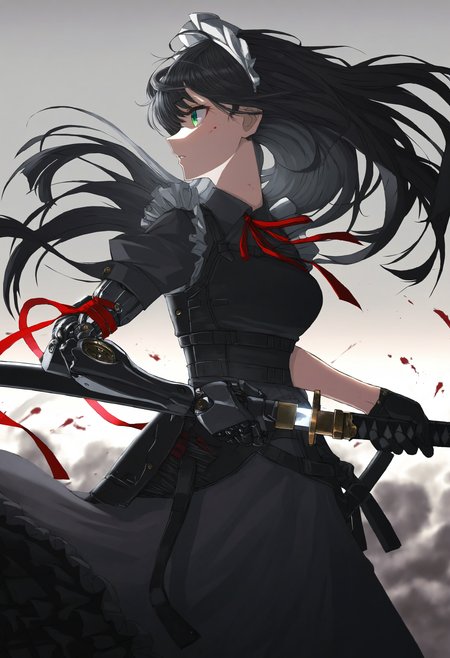 mechabare, artist:[vinne|hataya|itou (onsoku tassha)|yoneyama mai|quasarcake|diyokama|sukabu], 
1girl, single mechanical arm, mechanical parts, robot joints, solo, black hair, long hair, unsheathing, black gloves, katana, holding sword, mecha musume, green eyes, frilled dress, profile, black dress, maid headdress, sheathed, blood, elbow gloves, armor, from side, floating hair, parted lips, scabbard, red ribbon, short sleeves, holding sheath, looking ahead, dust cloud, depth of field, 
masterpeice, best quality, very aesthetic, absurdres