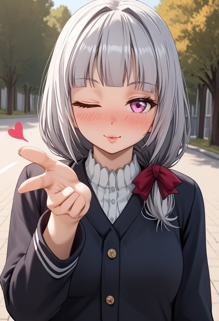score_4,score_5,score_6,score_7_up,score_8_up,score_9 ((masterpiece,best quality,ultra detailed,highres,HD,4k:1.2)), 
1girl, solo,solo focus,girl focus,face focus,
outdoors,
<lora:blowing-kiss-ponyxl-lora-nochekaiser:1>, blowing kiss, pucked lips, heart, one eye closed, o3o, looking at viewer, hand up,Pouting lips,pointing fingertips towards viewer, blush,shy,smile,Half-closed eyes, squinting, staring,jitome,