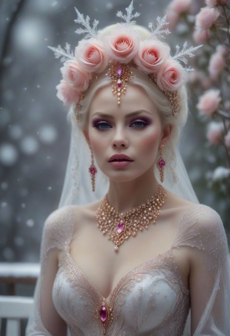 1female, 45 years old, Chubby, snub nose, Silvia saint look,  big breasts, (delicate face, beautiful eyes, natural, eye contact), 
Real sharp photo, snowing, snowflakes in the air, blurred background, Black, pink, fuchsia, white portrait of a gorgeous sexy princess, caucasian, white milky makeup, ethnic long dress with floral gowns, pink high heels, hair ornament made of blooming flowers, crystals, blurry background, tiara, earrings, facing the viewer, ((sits on a romantic enchanted white bench, showing her left legg)), amidst snowflakes, rose gold minerals, shiny aura, highly detailed, frozen organically grown crystals, gold and pearl filigree, intricate motifs, organic tracery, Kirnan Shipka, Januz Miralles, Hikari Shimoda, glowing stardust by W. Zelme. A mesmerizingly enchanting scene unfolds in this cinematic film still.
full body photo, scenic, shallow depth of field, vignette, highly detailed, high budget Hollywood film, bokeh, cinemascope, moody, epic, gorgeous, film grain, Canon EOS R,Canon RF 85mm F1.2L USM, ISO 100