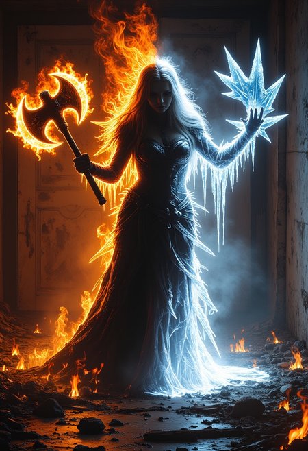 aidmasoftglow, NewFantasyCore. A decrepit asylum lies at the edge of a scorched wasteland, where ash fills the air and the sky smolders. This place is ruled by a twisted fire-witch who traps souls consumed by madness. The walls burn without heat, and strange sigils shift across the floors. The witch, a living pyre, wears the suffering of her prisoners as armor. From the asylum’s darkest depths, a Night of the Death emerges—half its body cloaked in black shadows, the other in blinding white light that radiates an unnatural cold. It wields a colossal battle axe, one side burning with flame, the other frosted with deadly ice. This entity, neither alive nor dead, brings both fiery destruction and freezing death, an unstoppable force haunting the asylum.