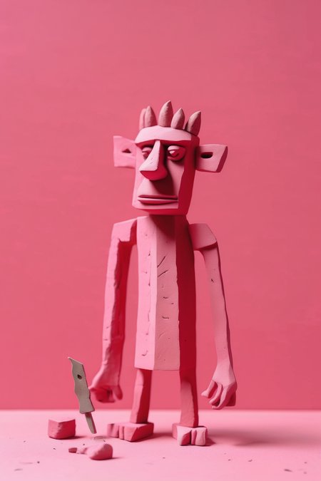 <lora:Clay Animation:1>Clay Animation - cutout collage art mixed-medium in style of Christian Barthold showing an sculpted figurine model crafternoon clay troll, half painted, armatures. minimalist. key color red pink