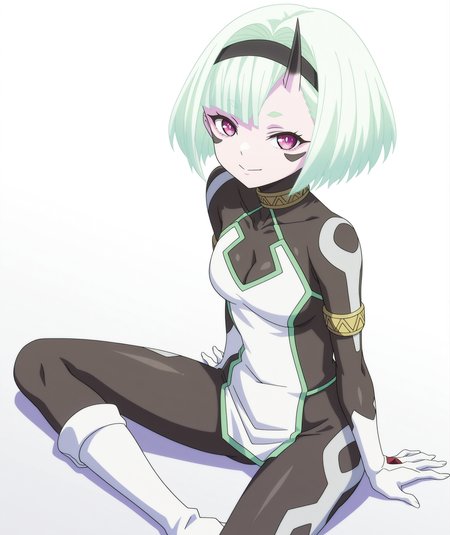official art, absurdres, highres, anime coloring, hi res, best quality, masterpiece, 2d, intricate details, 4k,
1girl, solo, short hair, bangs, green hair, blunt bangs, blue hair, purple eyes, white hair, hairband, horns, colored skin, facial mark, bob cut, single horn, forehead mark, black hairband, 
breasts, small breasts, medium breasts, cleavage, boots, clothing cutout, bodysuit, cleavage cutout, covered collarbone, armlet, gold armlet, bare shoulders, 
looking at viewer,
depth of field, white background, gradient background, <lora:Coco_Zenibako_ILXL:1>, mato seihei no slave, zenibako coco,