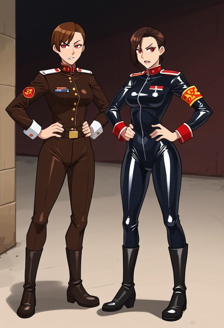 RA2Zofia,short hair,brown hair,asymmetrical bangs,red eyes,standing,hands on hips,brown clothes,uniform,military uniform, latex bodysuit,boots,armband, firing from ak47rfs, ak47rfs, ak47rfs hands, ak47rfs shooting, in her hands, indoors,bunker,underground,concrete,command center, ak47r
