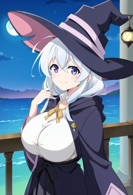 (score_9:0.9),score_8_up,score_7_up,rating_safe,anime style,(zPDXL),masterpiece, anime coloring) rating_safe, anime style, anime_screencap, source_anime,
BREAK source_anime, anime, best quality, masterpiece, rating_safe, uncensored, High quality, 8k, Ultra, 
BREAK (Balcony, night sky, moon, wind),
BREAK  1girl, Elaina_(Majo_no_Tabitabi), long_hair, hair_between_eyes, blue_eyes, purple_eyes, white_hair, ahoge, braid,
ong_hair, hair_between_eyes, blue_eyes, purple_eyes, white_hair, braid, witch_hat, black_headwear, yellow_ribbon, neck_ribbon, white_shirt, collared_shirt, black_robe, open_robe, hooded_robe, wide_sleeves, long_sleeves, black_skirt, jewelry, pendant,
BREAK  ((cowboy shot)),(looking back),(hand in own hair),(hand between legs),(from back),
busty breasts,
(large breasts:1.2),looking at viewer, smile,