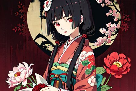 enma ai, hair down, hair black, bangs, eyes red, masterpiece, best quality, ultra-detailed, illustration, 1girl, solo, highres, photorealistic, ultra high res, (Original illustration composition), (fusion of limited color,Maximalism artstyle, kimono obi fashion, double exposure, background, illustration, Amazing, lily spider, night darkness, open one's mouth, finger, bouquet flowers red, low twintails, (polychromatic peony:1.15), Movie poster,