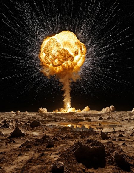 Explosion Artstyle on the moon, astrophotography, surreal, disturbing, photorealistic, high resolution, beautiful, highest quality, masterpiece, highly detailed,  <lora:add-detail-xl:0.85> <lora:Explosion Artstyle - Trigger is Explosion Artstyle:1>