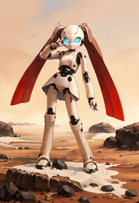 score_8, score_8_up, score_7_up, source_anime, anime screenshot BREAK solo, drosselvonflugel, very long hair, glowing eyes, v, looking at viewer, standing, full body, footprints m4r5, rock, sand, sky, red colors,