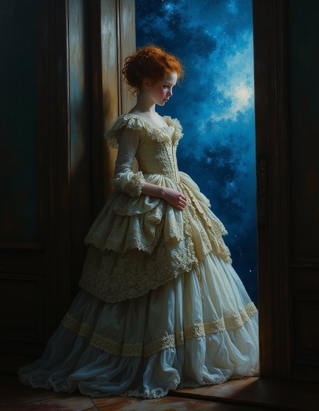 masterpiece, high quality, Oil Painting, an ethereal teen girl wearing an ornate corseted and bustled Victorian dress by Albert Lynch, Abbott Handerson Thayer. Her young face conveys an innocent, inquisitive quality. She has petite body, pale white skin, deep blue eyes, and red hair that is in a Victorian updo. She is stepping out through a door into where behind her is a blue nebula can be seen in the otherwise darkness of space. ultra detailed, romantic, Focus on the girl, shadow and light, Masterpiece, intricate lines, intriguing atmosphere, sharp magnificent details, delicate features, elaborate details, (2\3 rule composition:0.5), ultra detailed, romantic, Rembrandt lighting, brush stroke, lovely, novuschroma, in the style of Rembrandt. vantablack <lora:style_of_Rembrandt_FLUX_135:.8> <lora:- Flux1 - vanta_black_V2.0:.6> <lora:113_novuschromaFLX_1:.2> <lora:Midjourney_Whisper_Minimal:.3>
 <lora:neeeg_f1:-.5>
