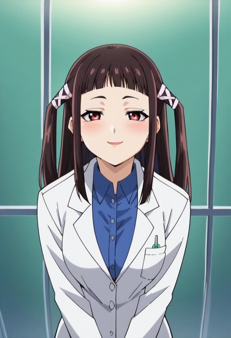 score_9, score_8_up, score_7_up, score_6_up, score_5_up, score_4_up, 1girl, rubytojo, ribbon, long hair, two side up, hair ribbon, twintails, blunt bangs, lipstick, black hair, labcoat, ponytail, lab outfit, blue shirt, big breasts, looking at viewer, smug, blush, from above, look up, anime screencap
