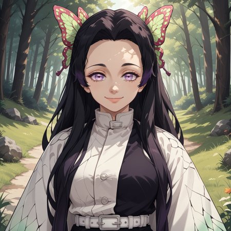 score_9, score_8, BREAK, solo, Kanae_Kochou_(Demon_Slayer), black hair, long hair, violet eyes, butterfly hair ornament, black shirt, white coat, wide sleeves, white belt, black pants, sandals, self portrait, smile, looking at viewer, outdoors, sunlight, shadows, evening lighting, natural lighting, forest, trees, grass, orange sky, sunset